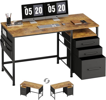 Ｍａｉｈａｉｌ Maihail Computer Desk with Drawers, 47 Inch Desk with 2 Drawers and Shelves, Office Table with Storage, Home Office desks, Metal Frame for PC Laptop, Rustic Brown