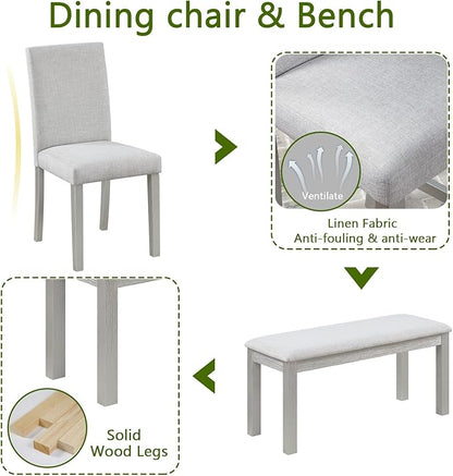 soges 6 Piece Wooden Dining Table Set, Dining Room Table with 4 Upholstered Chairs and Bench, Rectangular 6-Person Kitchen Dining Table Set with Crystal Decoration, Silver Grey