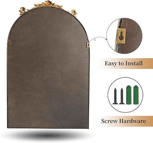 ironsmithn Gold Arched Mirror, 20"x32" Ornate Beaded Frame Mirror, Metal Decorative Accent Mirrors for Fireplace Bedroom Bathroom Living Room Entryway
