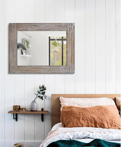 Wall Mirror Rustic Wooden Frame Rectangle Mirror Vintage Hanging Mirror for Bedroom Bathroom Living Room Farmhouse Wall Decor Large 26" x 18"