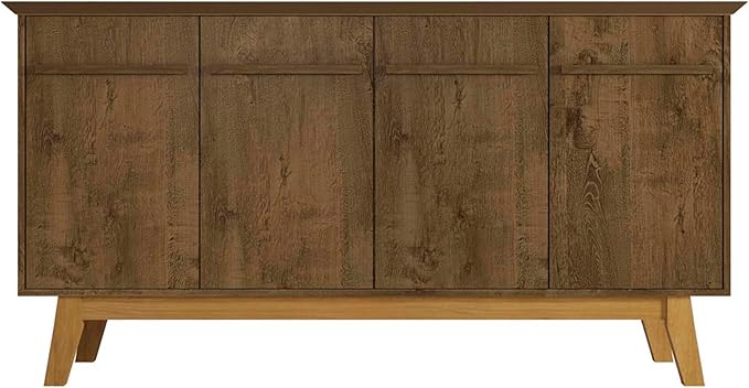 Manhattan Comfort Yonkers 63 Inch Buffet Sideboard with 2 Cabinets & Soft Close Doors, Storage Furniture with Stylish Beveled Top, Solid Wood Legs, Rustic Brown