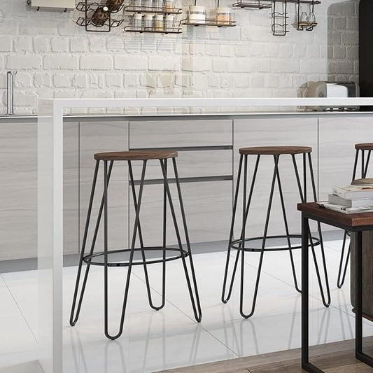 SIMPLIHOME Simeon Industrial Metal 26 inch Metal Counter Height Stool with Wood Seat (Set of 2) in Cocoa Brown / Black for the Dining Room and Kitchen