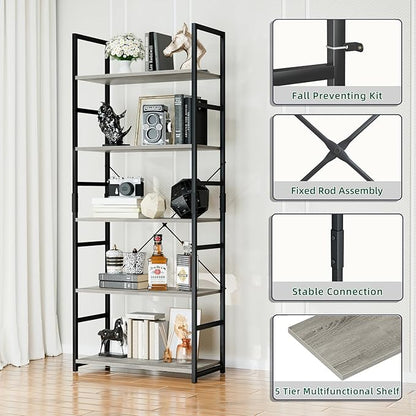 OTK 5 Tier Bookshelf, Tall Bookcase, Office Shelf Storage Organizer, Modern Book Shelf for Living Room, Bedroom, and Home Office, Grey