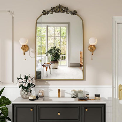 Vintage Arched Bathroom Mirror, 24x36 Inch Retro Wall Mounted Vanity Mirror with Carved Pattern Top and Metal Frame, Antique Decorative Mirror for Hanging or Leaning