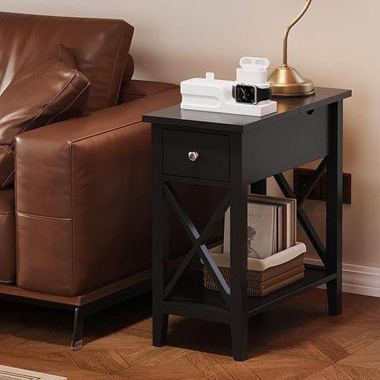 ChooChoo End Table Set of 2, Flip Top Narrow End Table with Drawer, Accent Small Side Table Nightstand for Living Room, Bedroom, and Small Spaces，Blcak