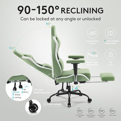 Gaming Chair Breathable Fabric,Computer Office Chair with Footrest,Massage Lumbar Support and Gel Pad,Ergonomic Reclining Gamer Chair with Adjustable Armrests and Spring Cushion Green