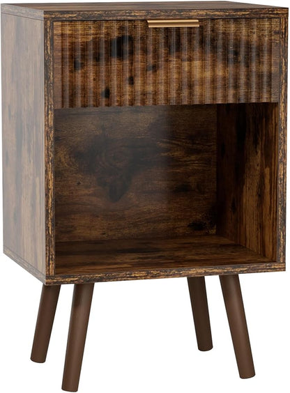 YMYNY Mid Century Modern Nightstand, Side Table, Fluted Night Stand with Drawer, Open Shelf Unit, Golden Handle, Solid Wood Legs, Bedside Table, for Bedroom, Rustic Brown UHST013H