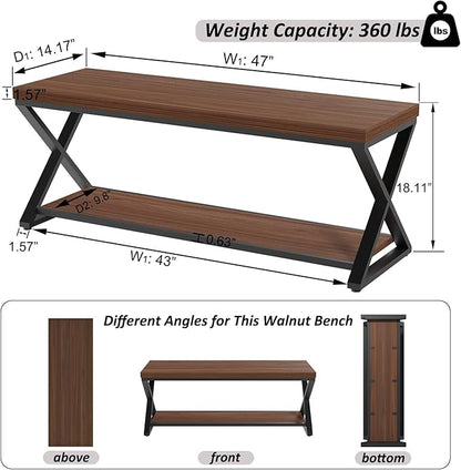 IBF Wood Entryway Bench Indoor, Industrial Wooden Metal Entry Shoe Storage Bench in Bedroom, Farmhouse Hallway Shoe Rack Bench Seating for Foyer Living Dining Room End of Bed, Walnut, 47 Inch