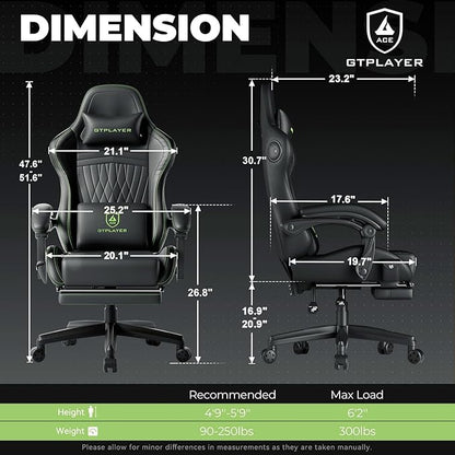 GTPLAYER ACE-PRO Music Gaming Chairs – Built-in Speakers, App Support & Bluetooth Control, Footrest & Pocket, Gamer Chair for Adults, Black & Green Stitch