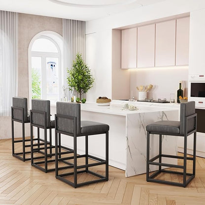 Barstools Set of 2 Grey Metal Bar Stools Modern Bar Chairs Pu Leather for Kitchen Island Counter Height Cafe Resturant Stools, 26 Inch
