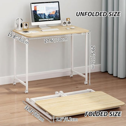 JSB Small Folding Computer Desk with Storage Bag and Hook Writing Modern Industrial Work Table Laptop for Home Office White (Natural & White, 27.6")