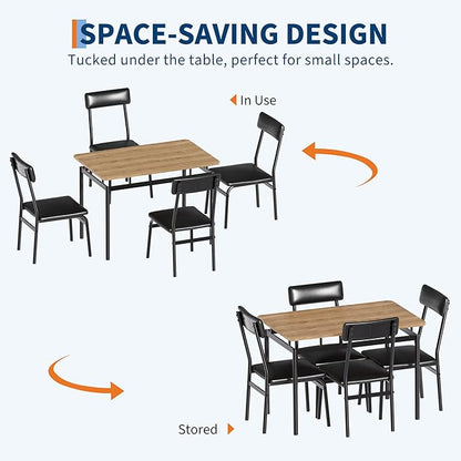 IDEALHOUSE 5 Piece Dining Room Table Set, Kitchen Table Set for 4 with Brown Wooden Grain Kitchen Table and 4 PU Upholstered Metal Chairs, Dining Room Set for Small Space,Home Dinner(4 Black Chairs)