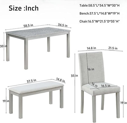 Dining Table Set, 6-Piece Kitchen Table & Chair Set with Rectangular Crystal Decoration & 4 Upholstered Chairs & a Bench, Wooden Dining Set, Silver Gray