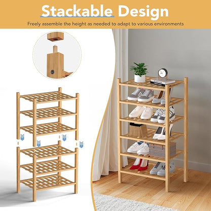 Haddockway small 3 Tier Bamboo Shoe Rack Storage Organizer,Multifunctional Free Standing Stackable Shoe Shelf with Grid Panel for Closet,Hallway,Entryway,Small Space 18"x11"x17"(Natural, 3-Tier Small)