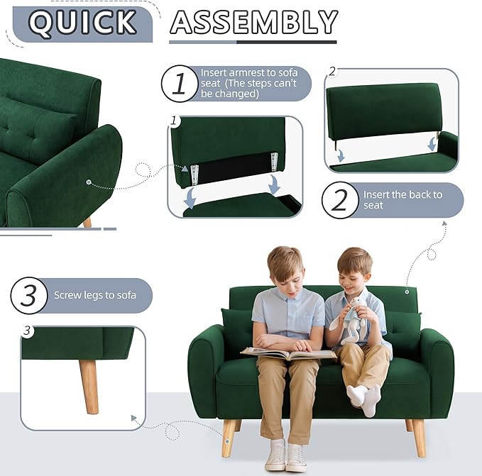 Shintenchi Small Modern Loveseat Couch Sofa, Mid Century Fabric Upholstered 2-Seat Sofa Couch Love Seats Furniture for Small Space,Living Room,Studio,Apartment with 2 Pillows,Green