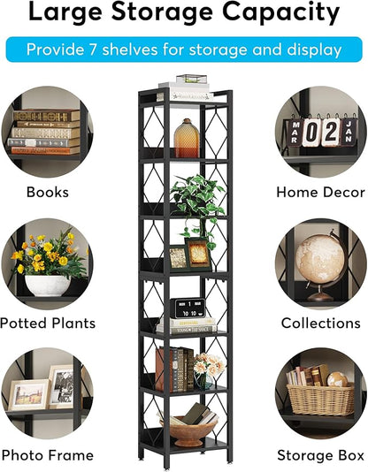Tribesigns 78.7 Inch Extra Tall Narrow Bookshelf, 7 Tier Skinny Bookcase for Small Spaces, Freestanding Display Shelves, Multifunctional Corner Storage Organizer for Home Office, Black
