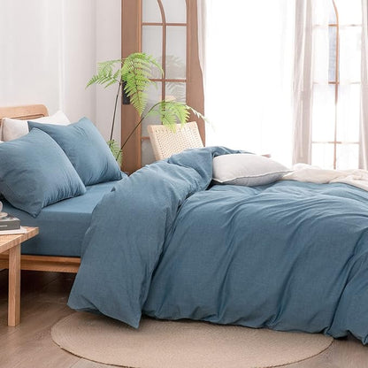 BESTOUCH Duvet Cover Set 100% Washed Cotton Linen Feel Super Soft Comfortable Chic Lightweight 3 PCs Home Bedding Set Solid Dark Blue Full/Double