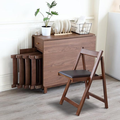 Walnut Drop Leaf Folding Dining Table with 2 Drawers and 4 Wheels, Wooden Padded Chairs Set of 2, Space Saving Dining Table with 2 Chairs