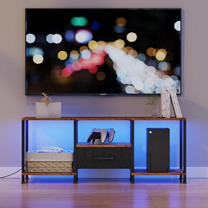 TV Stand with LED Lights, Entertainment Center with Open Shelves and Fabric Drawer, Media Console for 55 Inch TV, Television Stands, Living Room Furniture, Bedroom, Rustic Brown