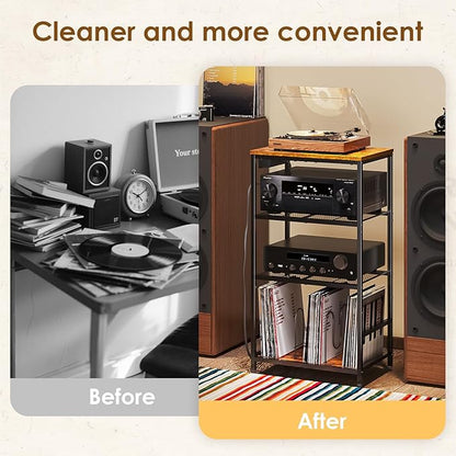 Record Player Stand with Storage, 4 Tier Turntable Stand with Vinyl Record Storage, Stereo Cabinet with Record Holder, Media Stand with Outlets for Entertainment Center