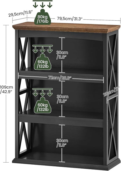 4-Tier Bookcase, 42.9" Floor Standing Organizer Shelf, Corner Book Stand, Metal Frame, for Study, Bedroom, Living Room, Black and Walnut TSJ01BL