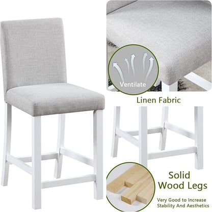 5PCS Modern White Counter Height Dining Table Set, Square Table with Crystal Decoration and 4 Upholstered Chairs for Kitchen, Dining Room
