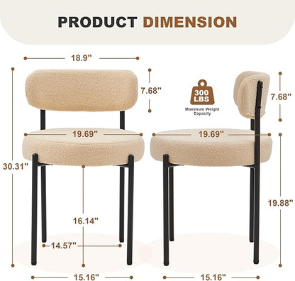 Dining Chairs Set of 6, Beige Boucle Dining Chair, Curved Backrest Upholstered Dining Room Chairs with Black Metal Legs, Mid Century Modern Dining Chairs for Kitchen, Living Room, Beige
