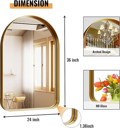 Arched Bathroom Mirror - 36x24 Inch Gold Bathroom Mirror for Wall - Aluminum Alloy Framed Mirror - Arched Top Bathroom Vanity Mirror for Living Room, Bedroom, Mantel, Entryway, and Hallways