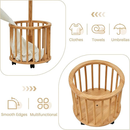 Uniclinens Solid Wood Coat Rack Freestanding with Umbrella Holder, Tree Coat Rack Stand with Lockable Universal Casters & 12 Hooks for Entryway Bedroom, Natural