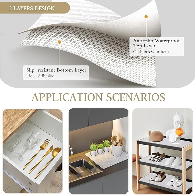 Beautysaid Shelf and Drawer Liner for Kitchen Cabinet, Non Adhesive Non Slip Shelf Paper Waterproof Washable Thickened for Dresser Pantry Shelve Bathroom Protector Liner(White,12 in x 10 FT)