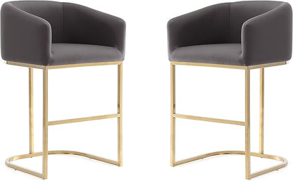 Manhattan Comfort Louvre 26 Inch Mid Century Modern Counter Height Bar Stools - Elegant Faux Leather Padded Seat, Stainless Steel Base with Footrest, Fully Assembled Barstools, Set of 2, Grey