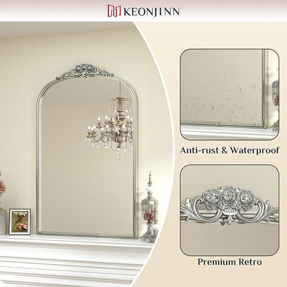 Keonjinn Vintage Arched Mirror for Wall, 20" x 30" Silver Mirror with Metal Frame, Ornate Vanity Mirror, Baroque Arch Mirror, Decorative Brass Mirror for Mantle, Living Room, French Cleat Mounting