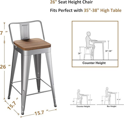 WENTMENT Bar Stools Set of 4 Counter Height Stools with Removable Back 26" Kitchen Bar Stools with Wooden Seat, Silver