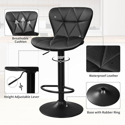 Bar Stools Set of 2, Adjustable Swivel Bar Chairs with Shell Back, PU Leather Counter Height Bar Stools for Kitchen lsland, Black