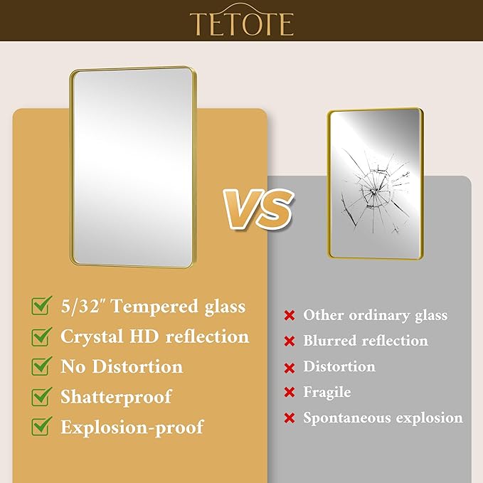 TETOTE Gold Framed Mirror 36 x 36 Vanity Mirrors for Wall Decor Brushed Gold Bathroom Mirrors, Tempered Glass, Modern Farmhouse Wall Mounted Mirror for Decorative(Horizontal/Vertical)