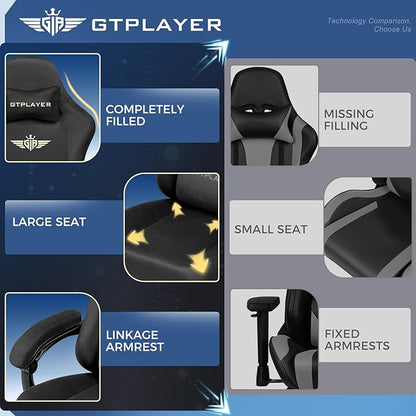 GTPLAYER Gaming Chair Fabric with Pocket Spring Cushion, Big and Tall Gamings Chairs 350LBS High Back Computer Chair with Footrest for Adults Lumbar Support Swivel Game Chair for Office Dark Black