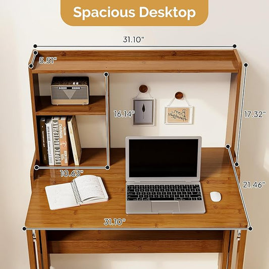 31.1" Bamboo Folding Desk with Bookshelf, Compact Computer Desk for Small Spaces, Foldable Study Table with Storage Shelf, Space-Saving Home Office Table for Bedroom, Dorm, Apartment,Brown