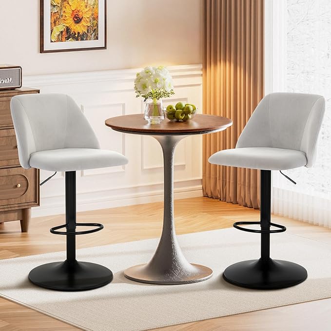 COLAMY Bar Stools Set of 4, Modern Swivel Bar Chairs, Adjustable Upholstered Barstools Counter Height with Full Backrest for Bar, Dining Room, Kitchen Island, Grey