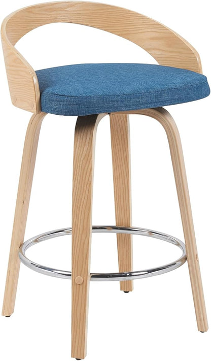 Sonia Modern Swivel Counter Height Bar Stool with Blue Upholstered Seat and Patterned Oak Wood Finish Set of 3