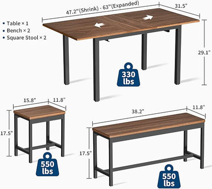 GarveeHome 5-Piece Dining Table Set for 4-8 People, 63" Large Extendable Kitchen Table Set with 2 Benches and 2 Square Stools, Modern Dining Room Furniture Sets, Easy Assembly, Espresso
