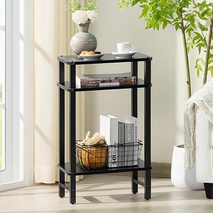 28in Tall Side Table Set of 2, 3-Tier Small Narrow End Table for Couch, Skinny Nightstand for Small Space, Farmhouse Slim Night Stand with Storage, Wooden Frame Thin Bedside Table, Black