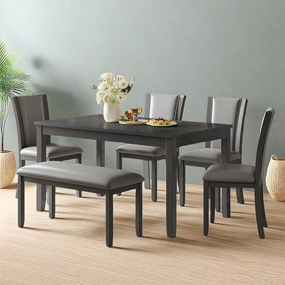 Dining Table Set for 5, 6-Piece Kitchen Table & Chairs Set with Rectangular Table, Bench & 4 Upholstered Chairs, 58'' Dinner Set with Rubber Wood Legs & Curved Backrest for Kitchen, Gray