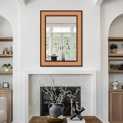Rattan Wall Mirror with Wooden Framed 24 X 32 inch Farmhouse Rectangle Wood Mirror for Modern Decorative Bathroom, Living Room, Entryway, Bedroom (Walnut)