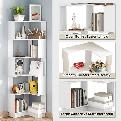 Corner Bookshelf, 68.9" Tall Wooden Corner Bookcase 5 Tiers L-Shaped Storage Freestanding Display Rack Large Open Bookshelf with Fixture for Living Room Bedroom Study Office (White)
