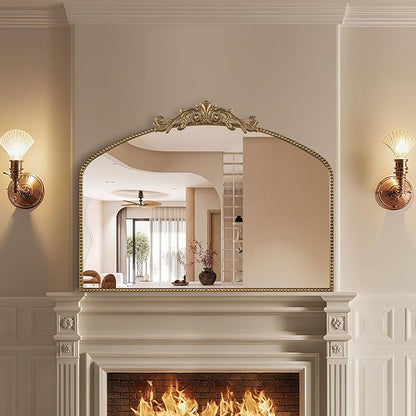 Gold Antique Mirror 40” x 30”, Large Ornate Mantel Mirrors with Arch Frame, Vintage Mirror Over Fireplace, Decorate Gold Beaded Frame for Living Room/Entryway/Dresser