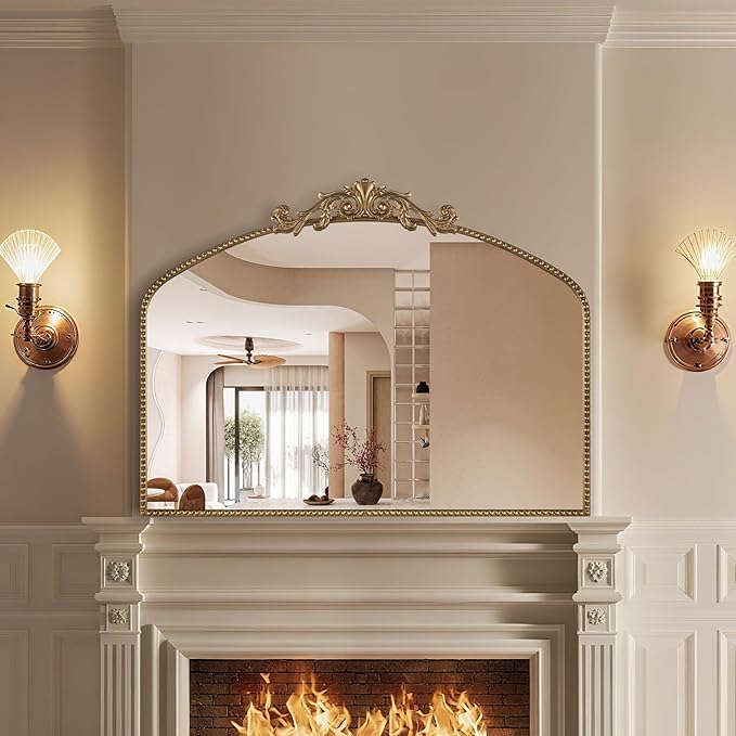 Large Ornate Gold Antique Mirror 40” x 30”, Vintage Wall Mirror with Gold Beaded Arch Frame, Dresser Mirror for Dining Room,Living Room, Sofa Wall, or Hallway Decor