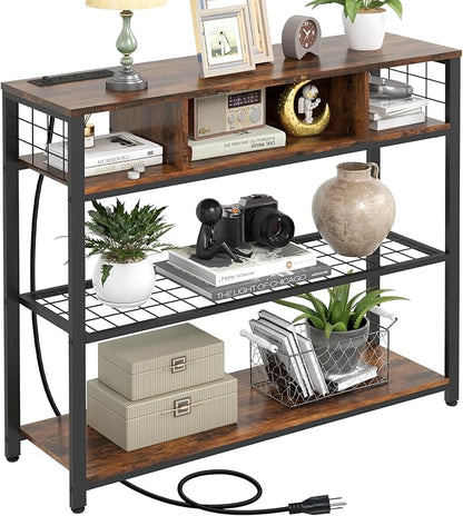 Console Tables with Charging Station, 4 Tier Narrow Sofa Tables with Storage Shelves, Entryway Tables with Outlet and USB Ports, Behind Couch Table for Living Room Hallway, Rustic Brown
