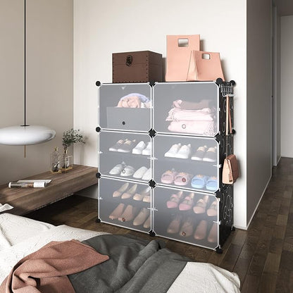 ROJASOP Portable Shoe Rack Organizer 6-Tier Shoe Cabinet 24-Pair shoe Storage Expandable Free Standing Stackable Space Shoe Rack with 2 exclusive Versatile Hooks for Bedroom Black