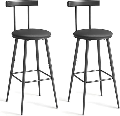 Bar Stools, Set of 2 High Kitchen Barstools, Bar Chairs with Backrest and Footrest, Industrial Counter Stools with PU Soft seat, for Kitchen, Living Room, Pub, Black BS-013BK