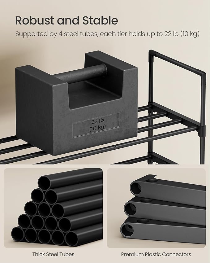 SONGMICS Shoe Rack, 3-Tier Shoe Organizer, Metal Storage Shelf, Upright or Upside Down, for 8-12 Pairs, Stackable, for Entryway, 11.8 x 26.8 x 21.7 Inches, Black ULSA203B01